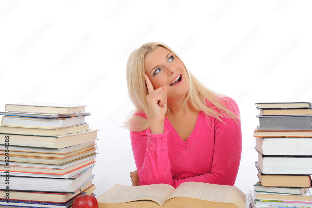 portrait of young student girl with lots of books studing portrait of young student girl with lots of books studing