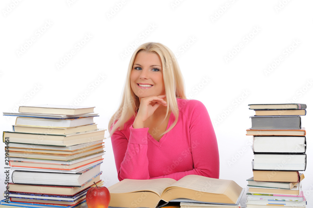 portrait of young student girl with lots of books studing for portrait of young student girl with lots of books studing for