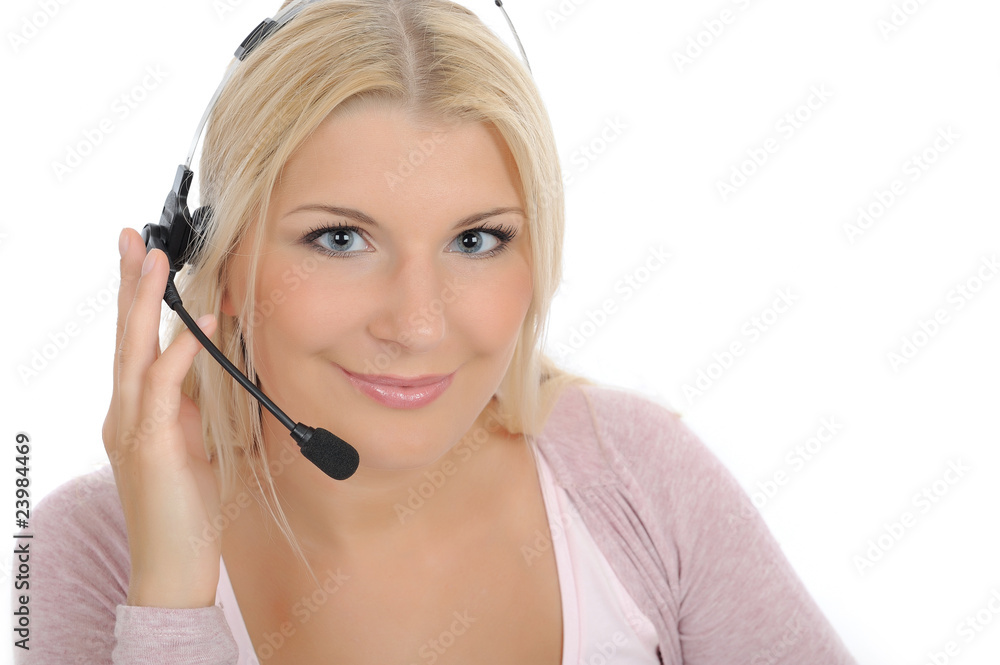 Young woman with microphone and computer, dispatcher