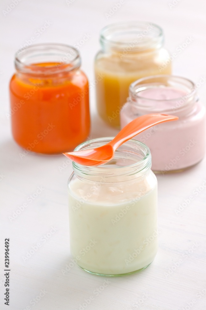 baby food: rice pudding, apple and carrot puree and yogurt baby food: rice pudding, apple and carrot puree and yogurt