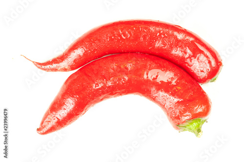 two fresh red hot peppers on white with water drops