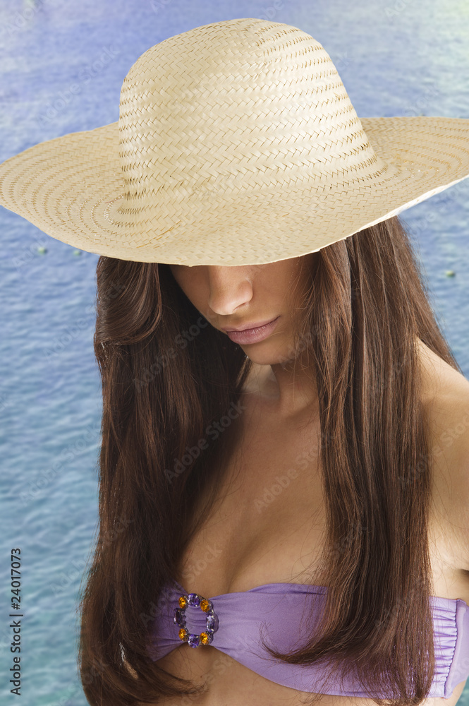 brunette with hat