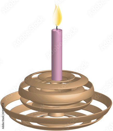 Golden candlestick with burning candle in pink, vector