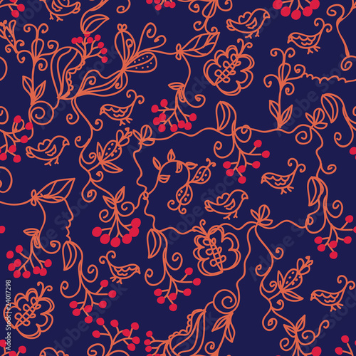 Dark floral seamless pattern with birds and arrowwood