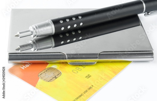 business card holder case with pen. photo