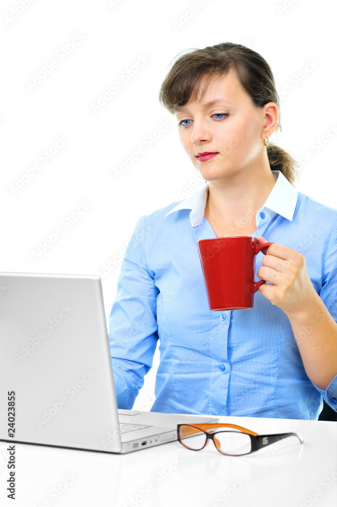 Businesswoman is working with a cup of coffee Businesswoman is working with a cup of coffee