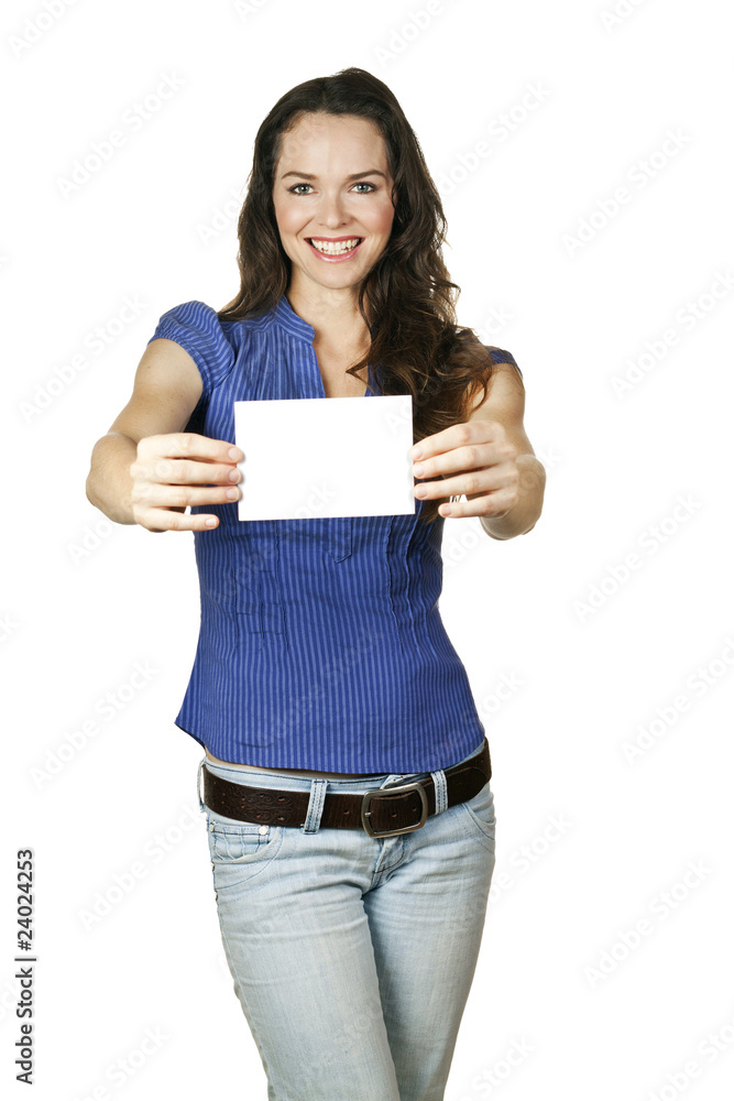 Beautiful casual woman holding a blank business card Beautiful casual woman holding a blank business card