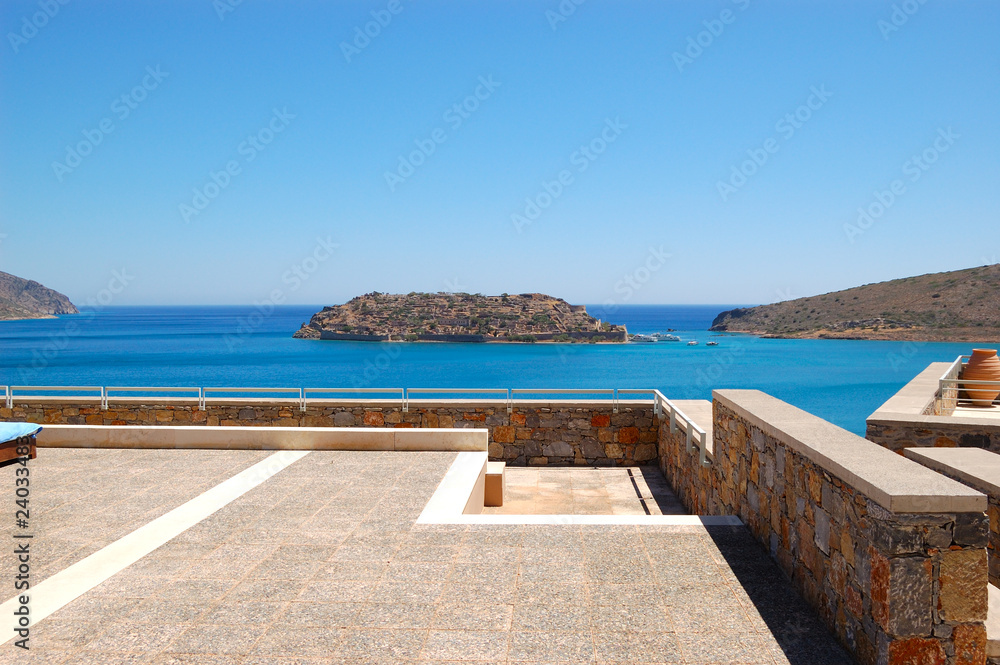 View on Spinalonga Island from luxury hotel, Crete, Greece View on Spinalonga Island from luxury hotel, Crete, Greece