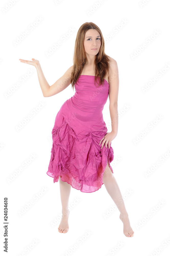 Fototapeta premium girl in pink holding her hand up.