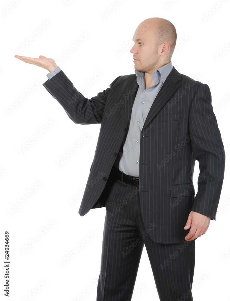 Businessman in a suit holds her hand, palm up. Businessman in a suit holds her hand, palm up.
