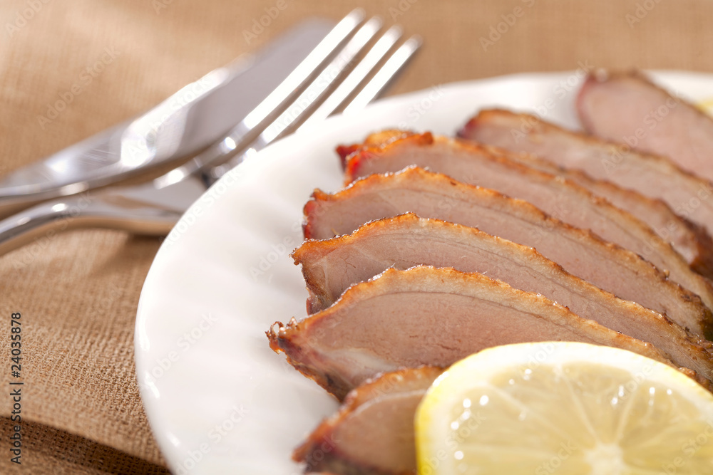 smoked duck breast meat fillet, sliced, served smoked duck breast meat fillet, sliced, served