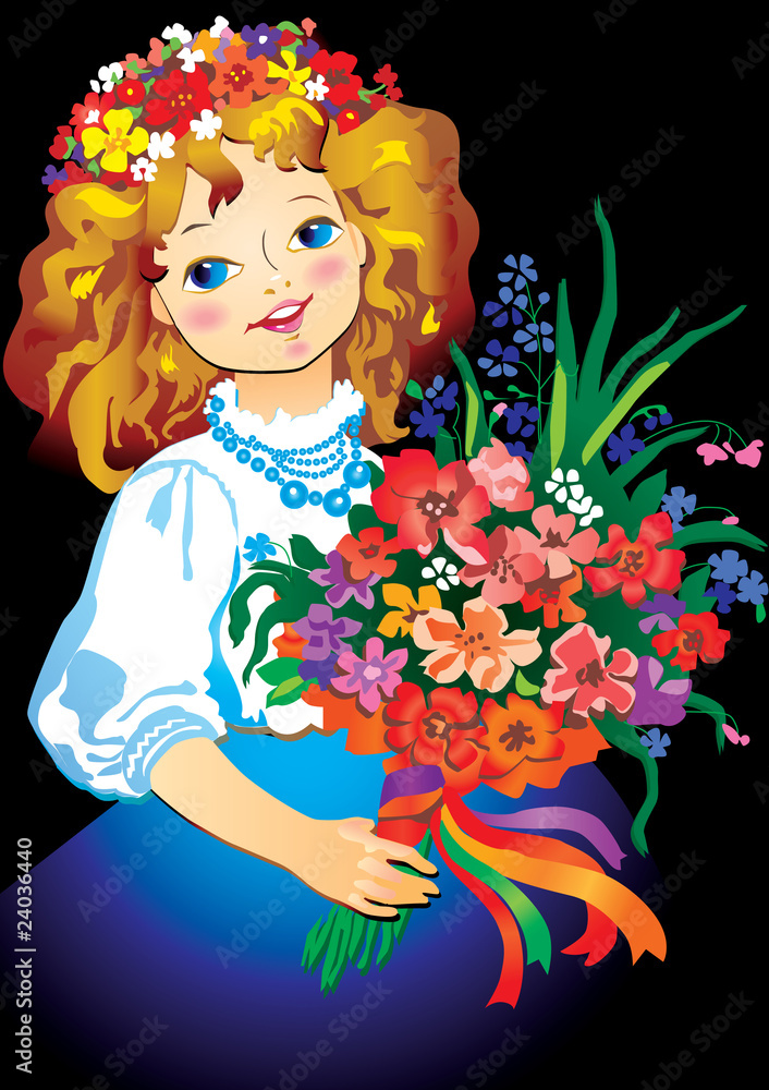 Fototapeta premium Beautiful girl with big bouquet of flowers.