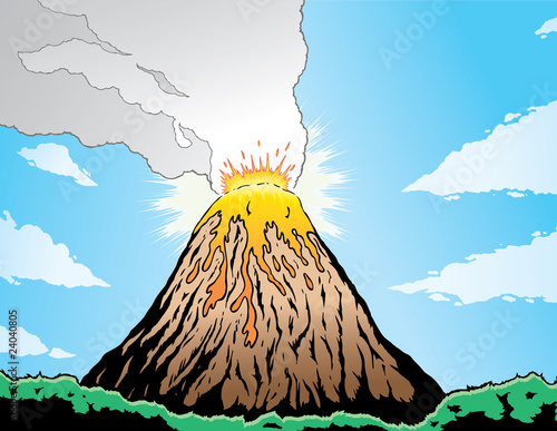 Volcano erupting in a comic book format.