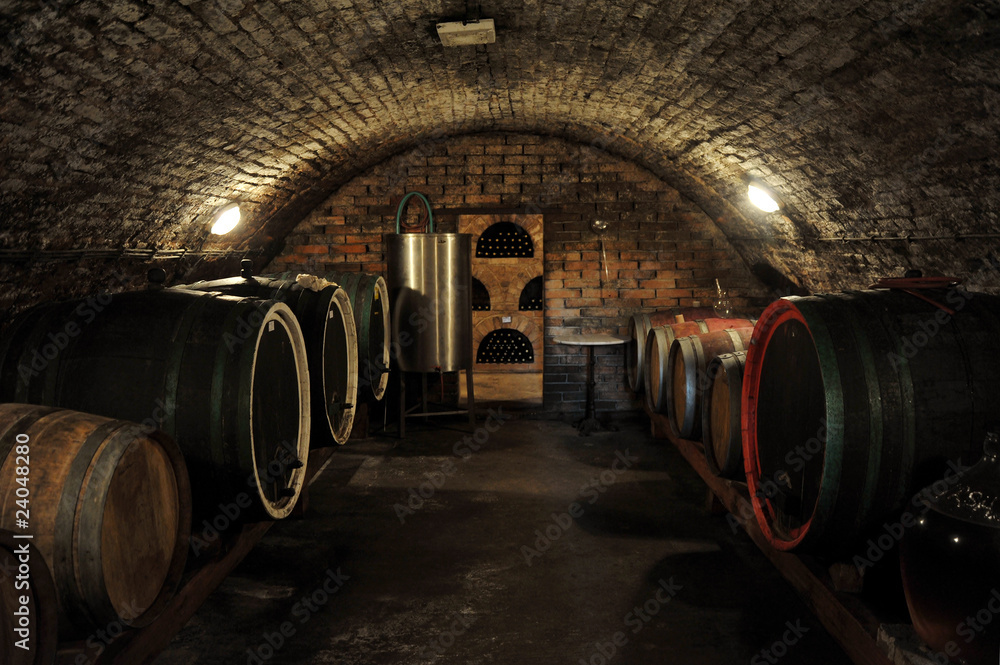 Wine barrels in traditional wine cellar Wine barrels in traditional wine cellar