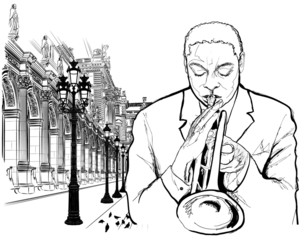 Handdoek met foto Muziekband Trumpet player in Paris  © Isaxar