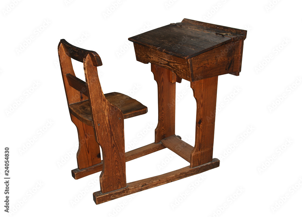 Vintage wooden school desk and chair, isolated on white Stock Photo