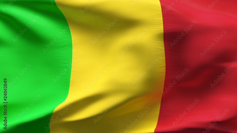Creased Mali satin flag in wind with seams and wrinkle Creased Mali satin flag in wind with seams and wrinkle