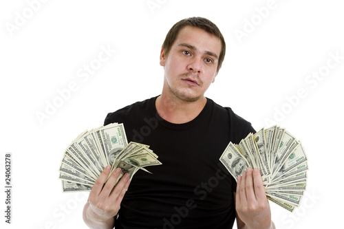 sad man with lots of money