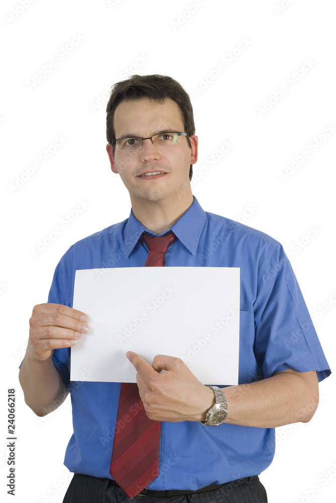 Businessman holding or showing a blank paper. Businessman holding or showing a blank paper.