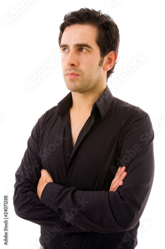 Pensive young casual man, on white background