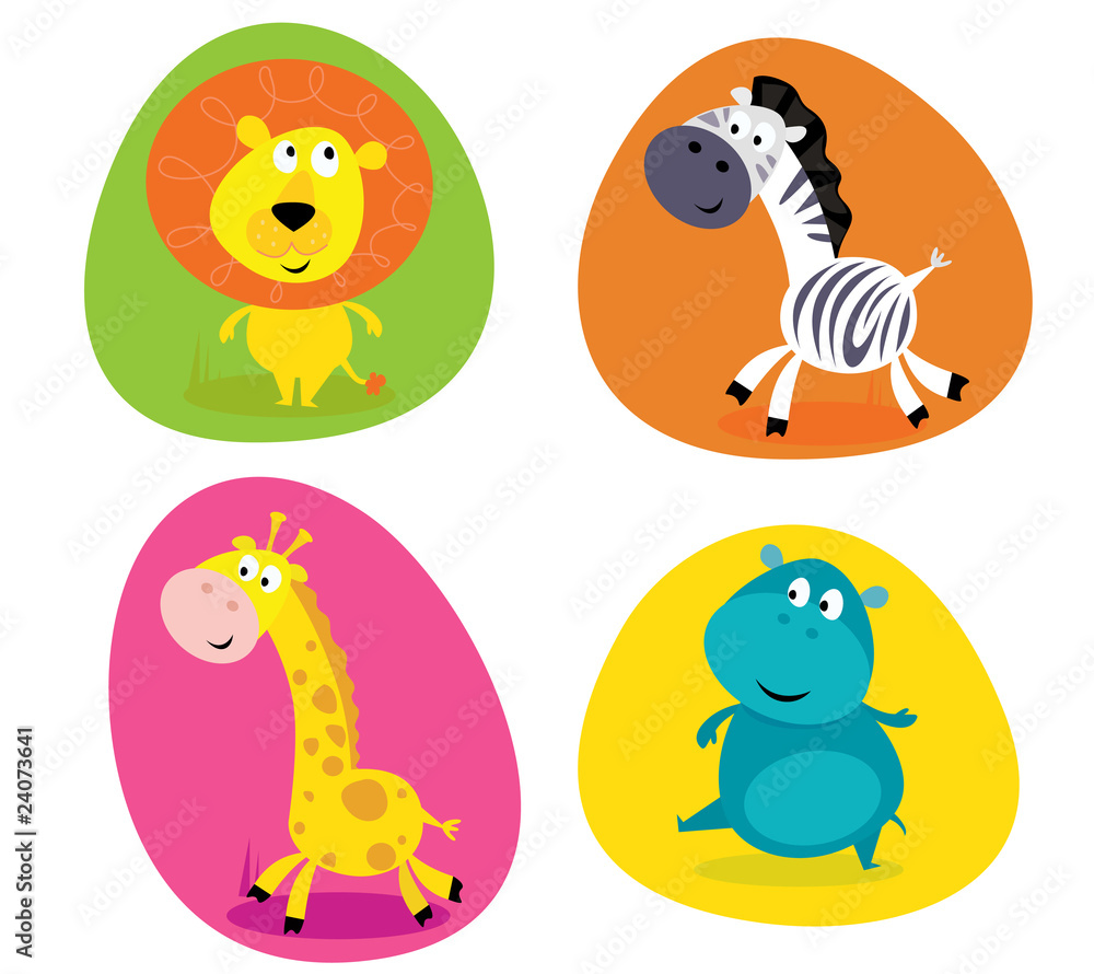 Naklejka premium Cute safari animals set - lion, zebra, giraffe and hippo