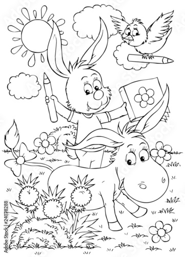 Donkey, hare and bird with ...