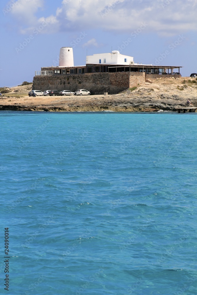 Illetes salt windmill from sea view Formentera