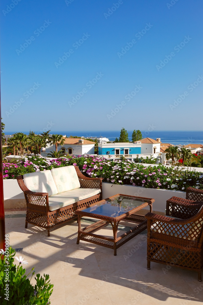 Sea view relaxation area of luxury hotel, Crete, Greece Sea view relaxation area of luxury hotel, Crete, Greece