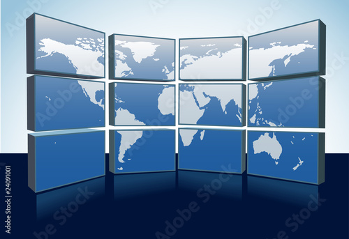 World map monitors display Earth map on screens
