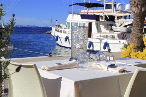 table dish glasses on marina port mediterranean © lunamarina