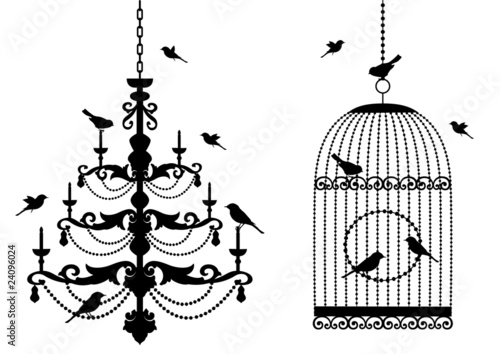 birdcage and chandelier with birds, vector