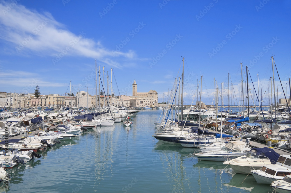 Panoramic view of Trani touristic port. Apulia.