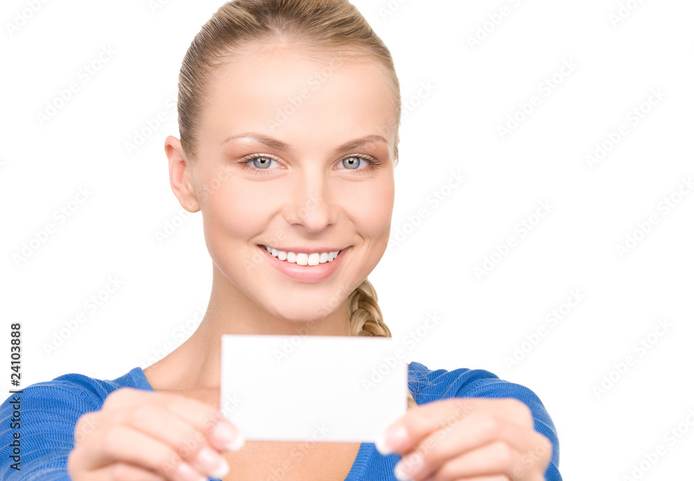 happy woman with business card happy woman with business card