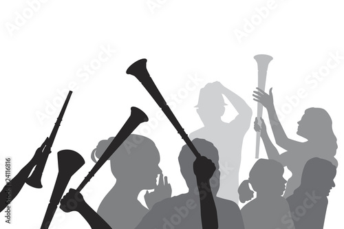 soccer fans with vuvuzela horns