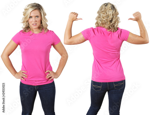 Female with blank pink shirt