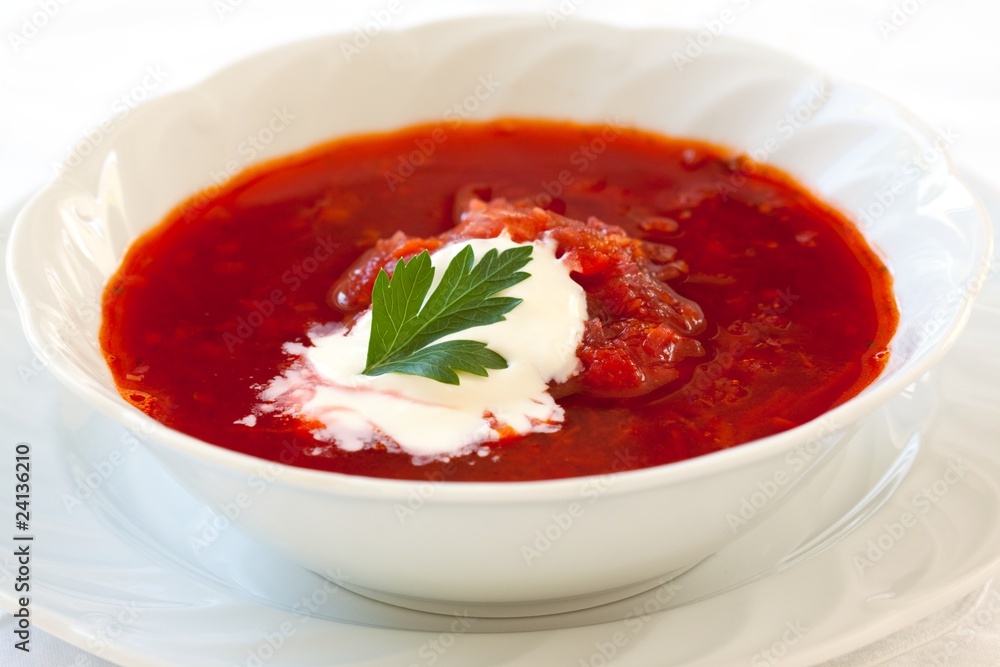 Russian beetroot soup Borsch with sour cream and parsley Russian beetroot soup Borsch with sour cream and parsley