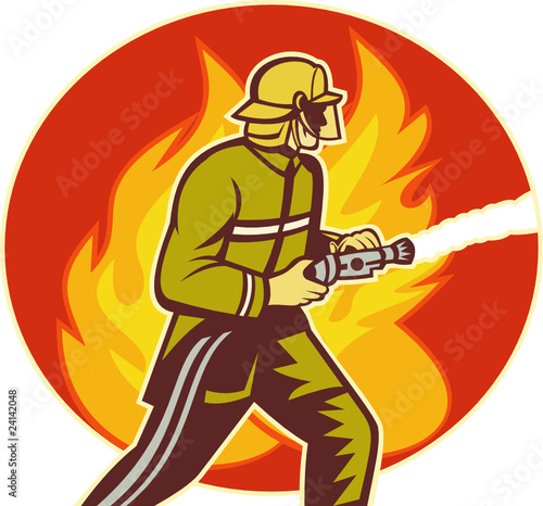 Firefighter fireman with water hose fighting fire
