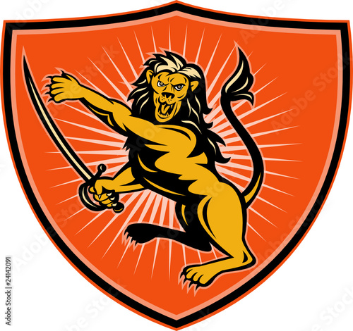 Lion with sword pointing and attacking with shield