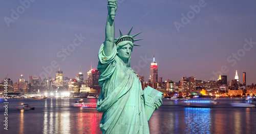 The Statue of Liberty and New York City skylines