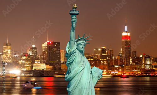 The Statue of Liberty and New York City skylines