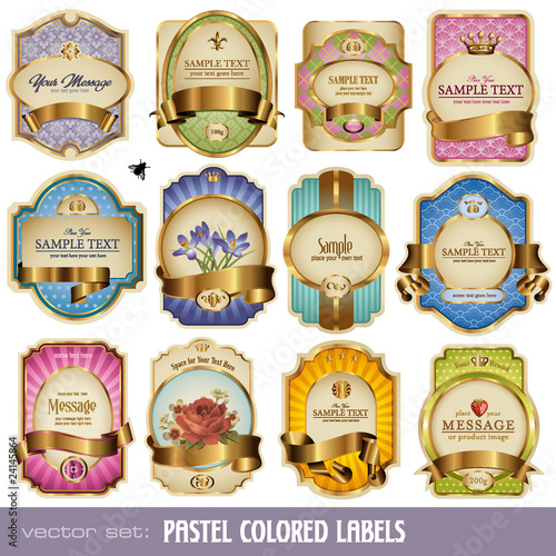 set of 12 pastel colored labels with golden elements