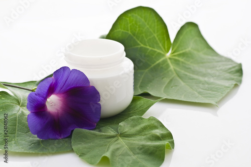 crema di bellezza su foglie verdi con fiore viola