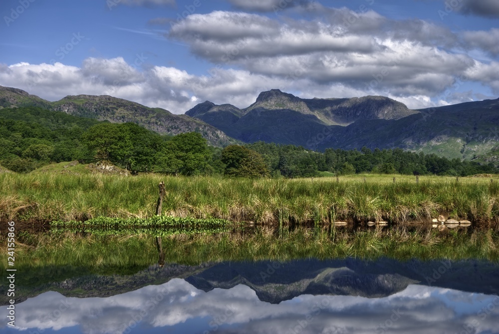Langdale Pikes reflected in river