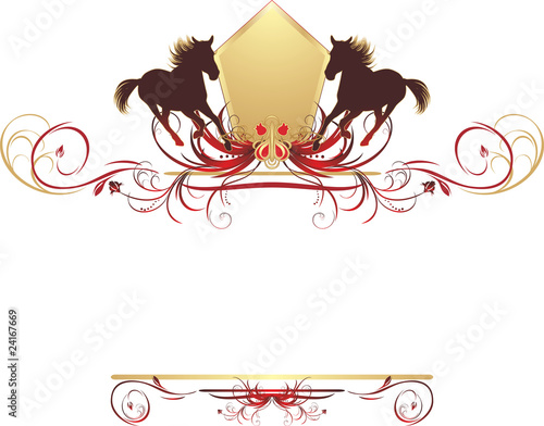 Silhouettes of hurrying horse on the stylish floral ornament