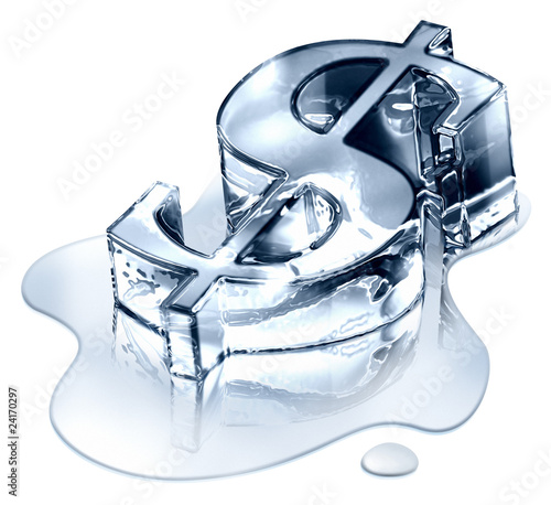 Photos Crisis finance, dollar symbol in melting ice, devaluated money