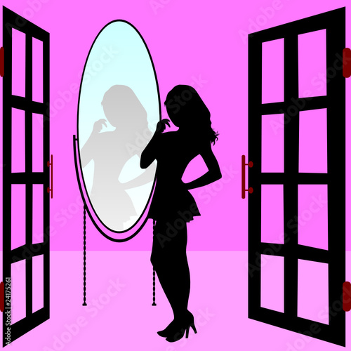 girl is reflected in the mirror vector illustration