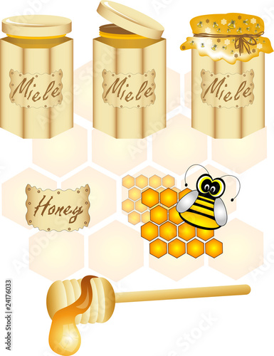 Vector of jars with honey, honeycomb and bee