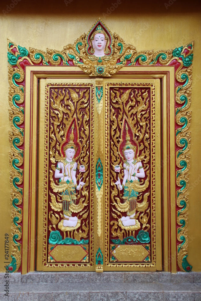 art carving on door of temple, Wat Rahan, Ban Dan, Buriram