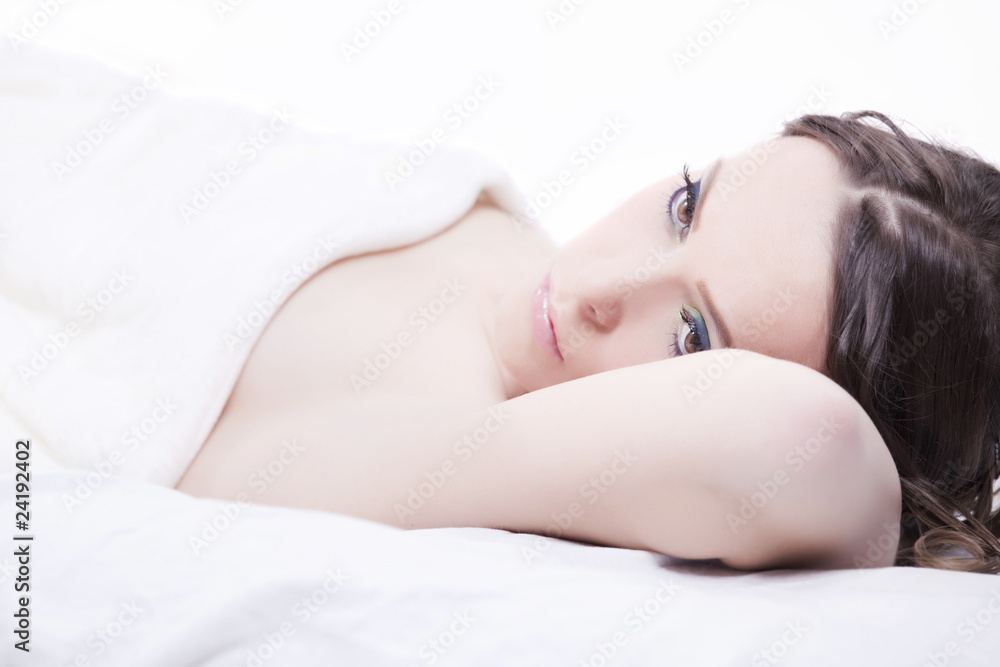portrait of young beautiful woman in bed portrait of young beautiful woman in bed