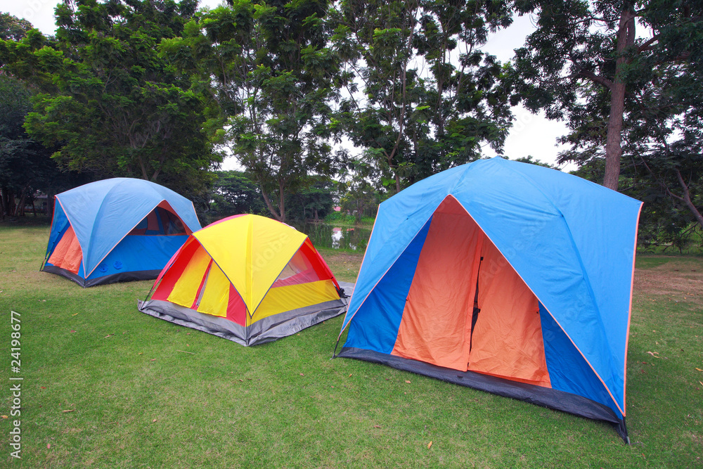 Row of tents for camping on grass